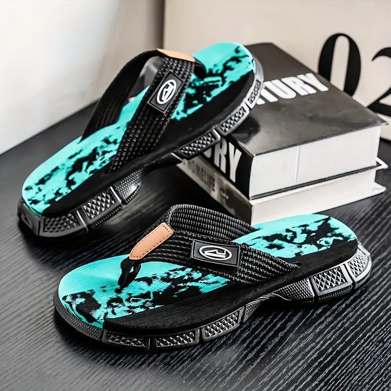 Men’s Turquoise & Black Camo Flip-Flops – Fabric & EVA Sole