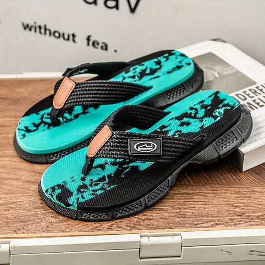 Men’s Turquoise & Black Camo Flip-Flops – Fabric & EVA Sole